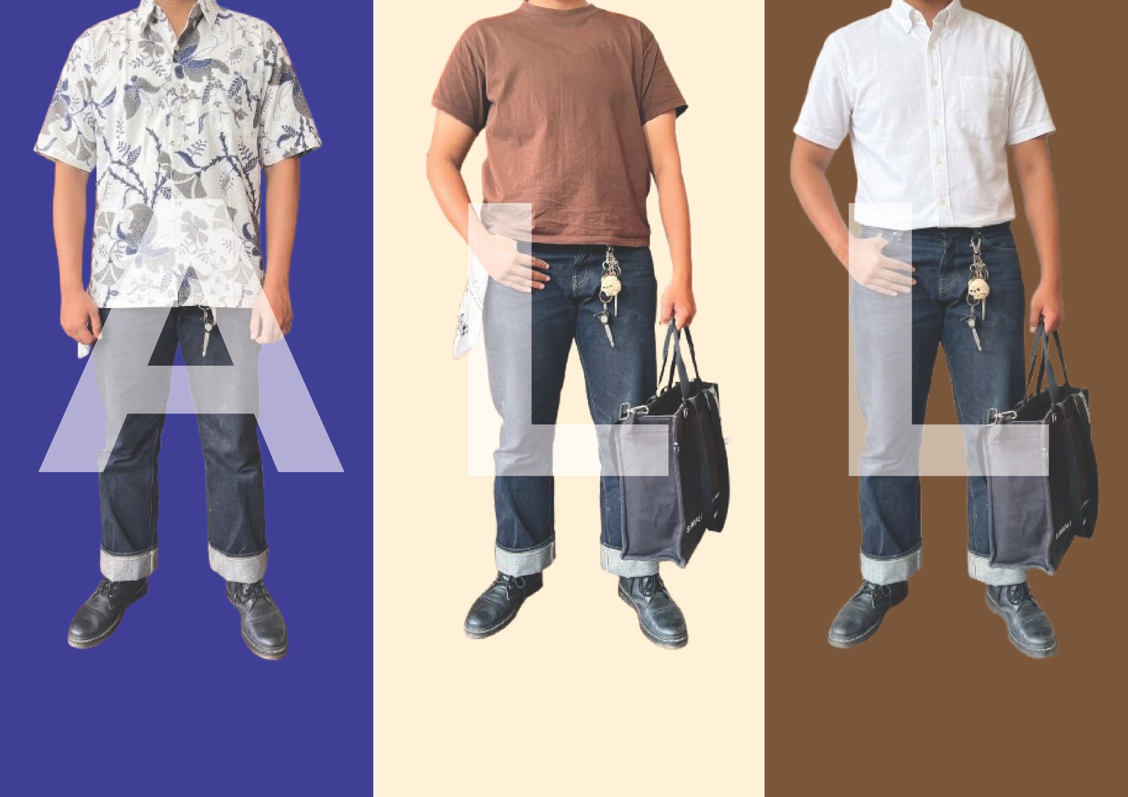 Tiga pria mengenakan raw selvedge denim Earthy Genova